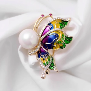 Broche Papillon de Luxe en Alliage Émail Avec Faux Künstliche Perle Strass Incrusté Ton Or Épingle Papillon Colorée pour Femmes Mariage Banquet Bijoux