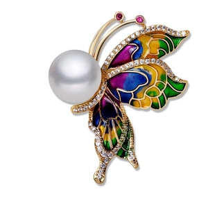 Broche papillon luxueuse avec ailes en émail coloré, perle et placage à l'or fin