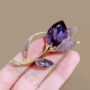 Elegant European purple tulip crystal brooch with gold plated alloy base for women
