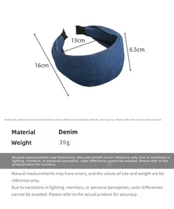 Detail view of blue denim headband showing dimensions of 16cm by 13cm with 6.5cm width