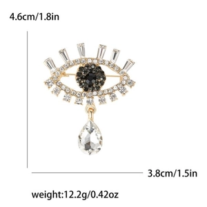 Luxury blue eye brooch with rhinestones and teardrop crystal charm, 4.6cm wide