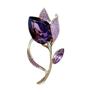 Elegant gold tulip brooch with large purple crystal flower and sparkling zircon accents
