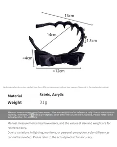 Detailed dimension guide for black satin bow headband with wavy anti-slip teeth design