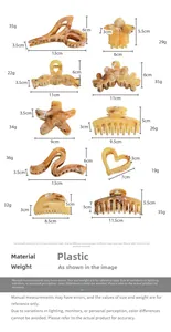 Detailed size chart for amber marble hair claws showing dimensions and weights for 10 styles