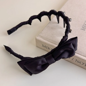 Elegant Black Satin Bow Headband With Non-Slip Teeth Wavy Hair Hoop Rhinestone Embellished High Top Hair Accessory For Women