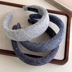 Retro Padded Tweed Headband For Women Elegant High Top Woven Fabric Hair Band Solid Blue Series Handmade Hair Accessories