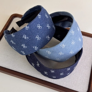 Sweet Denim Fabric Bow Print Headband Wide Side Non-Slip Hair Hoop Fashion Blue Hair Accessories For Women Daily Use