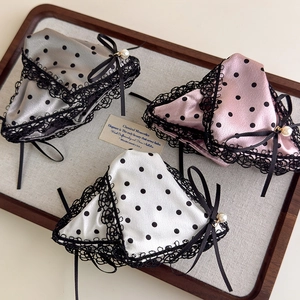 Set of three satin hair claws with polka dots, black lace trim, and pearl bow detail