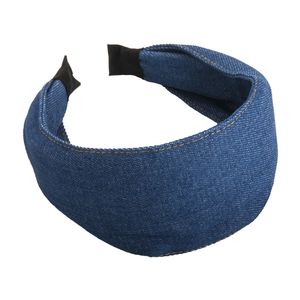 Classic blue denim headband with yellow contrast stitching and a wide non-slip design