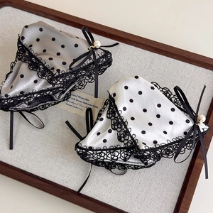 Elegant satin polka dot hair claw clip with lace bow and pearl detail for women
