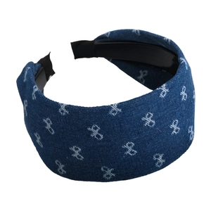 Blue denim headband with white printed patterns and wide fabric band design