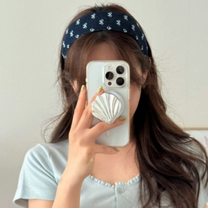 Navy blue denim floral headband with white petal print and wide sweet bow style