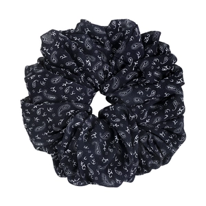 Black paisley pattern oversized scrunchie hair tie with vintage ethnic style design