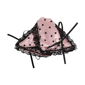 Pink satin polka dot panties with black lace trim, ribbon bow and pearl pendant details