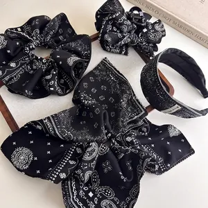 French vintage black paisley hair accessories set including scrunchie and headband