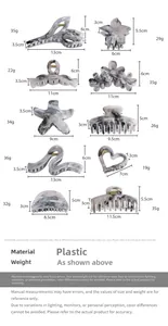 Size chart showing dimensions for various marble ink style hair claw clip shapes