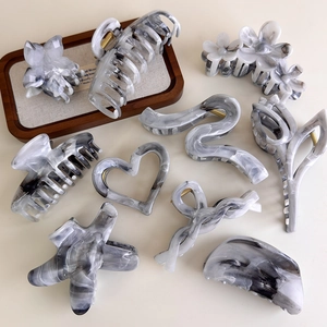 Set of 10 grey marble ink pattern hair claws in heart star and butterfly shapes