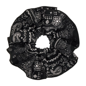 Vintage black paisley scrunchie with white patterns and delicate ruffled edges