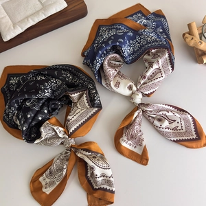 Vintage paisley silk square scarf set in navy and black tones with elegant knots
