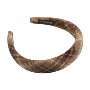 Classic brown plaid fabric headband with handmade label in a vintage padded style