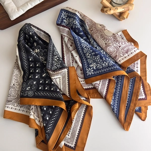Set of two vintage paisley pattern silk scarves in navy and ivory with bohemian borders