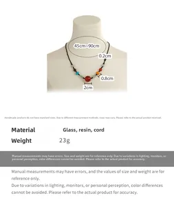 Detail of adjustable beaded necklace with colorful agate-style beads and size parameters