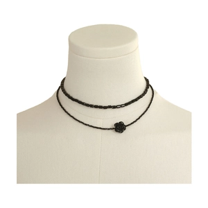 Double-layered black crystal bead choker necklace with a delicate black rose flower pendant