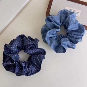 Vintage denim polka dot layered scrunchies in blue and light blue for women