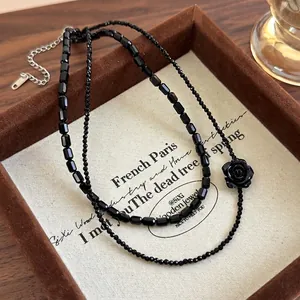 Vintage Black Crystal Beaded Double Layer Choker Necklace With Resin Rose Pendant Elegant Accessories For Women Party Dress