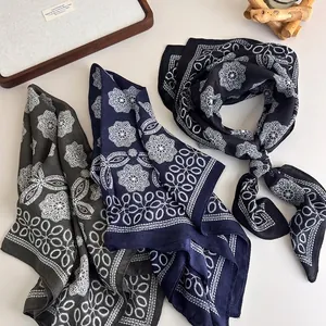 Women Vintage Geometric Mandala Floral Print Square Scarf Satin Feel Headscarf Elegant Neck Scarf Bandana Office Decorative Scarf