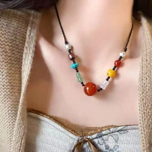 Vintage Ethnic Style Beaded Necklace Braided Rope Red Agate Resin Stone Lotus Spacer Adjustable Jewelry For Women