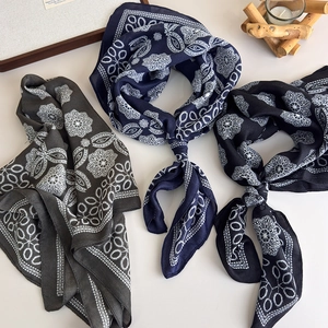 Three-piece set of geometric paisley printed small square scarves in cool brown and navy