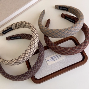 Classic plaid fabric headband set in earthy brown tones with handmade inner label