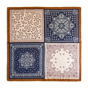 Millennial vintage paisley silk scarf featuring 4-grid patchwork pattern in navy and beige