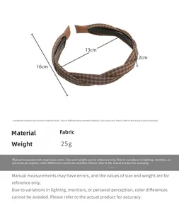 Detailed size specifications for the brown plaid twisted headband with anti-slip teeth