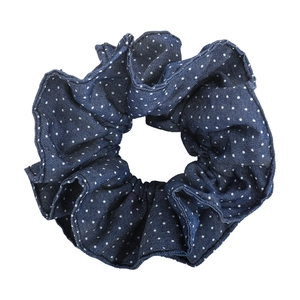 Navy blue polka dot denim scrunchie with layered ruffles for elegant hair styling