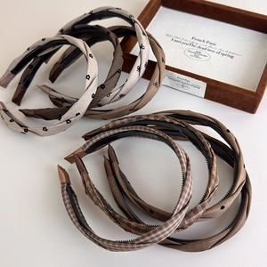 Brown plaid and floral fabric twisted headbands with non-slip teeth for women
