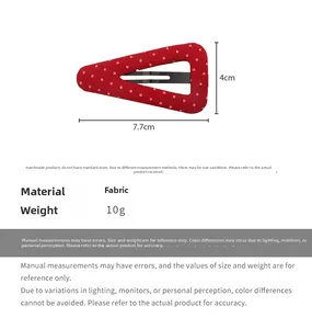 Detailed size specifications for red polka dot fabric hair clip with 7.7cm x 4cm dimensions