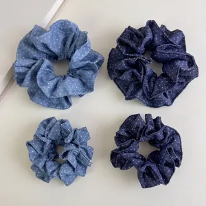 Retro Polka Dot Denim Style Scrunchies For Women Double Layer Ruffled Hair Ties Large Fabric Ponytail Holders Hair Accessories