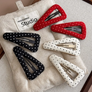 Chic fabric polka dot triangular BB hair clips in red, black, and white colors for women