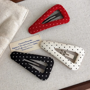 Three-piece set of polka dot fabric triangular hair clips in red, black, and beige colors