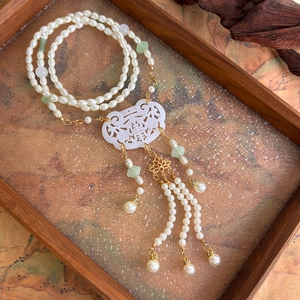 Vintage New Chinese Style Ruyi Lock Artificial Pearl Tassel Necklace Long Ethnic Hanfu Cheongsam Jewelry Faux Artificial Pearl Resin Accessory For Women