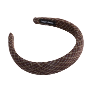 Vintage brown plaid fabric headband with handmade label in preppy academy style