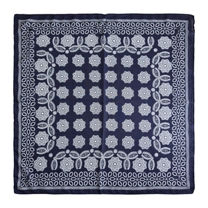 Navy blue geometric paisley square silk scarf for women featuring white mandala prints