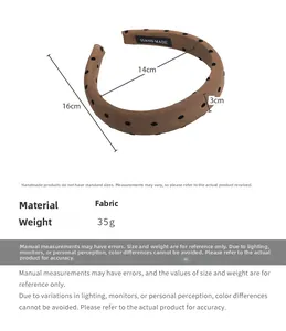 Spécifications de taille pour serre-tête en tissu à pois marron avec dimensions et poids