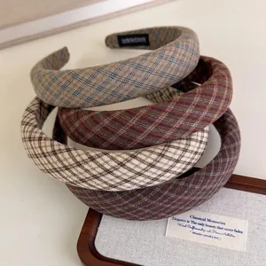 Vintage Plaid Fabric Headband For Women Korean Style High Cranial Top Thickened Wide Hairband Handmade Checked Hair Hoop Accessory