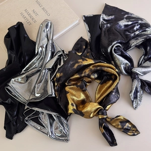 Metallic Y2K vintage headscarf collection in silver, black and tie-dye silk fabric