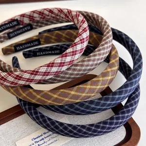 Retro Preppy Style Plaid Fabric Headband For Women Sweet Thin Hairband With Handmade Label Vintage Hair Accessories