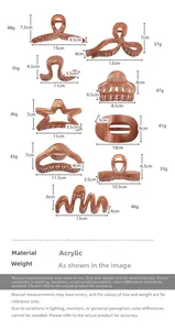 Size guide for coffee brown geometric hair claws showing dimensions and acrylic material