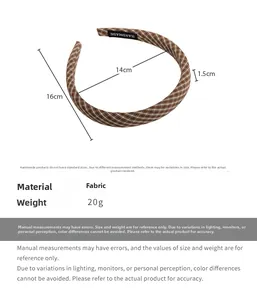 Detailed view of handmade brown plaid headband with dimensions 16cm outer diameter